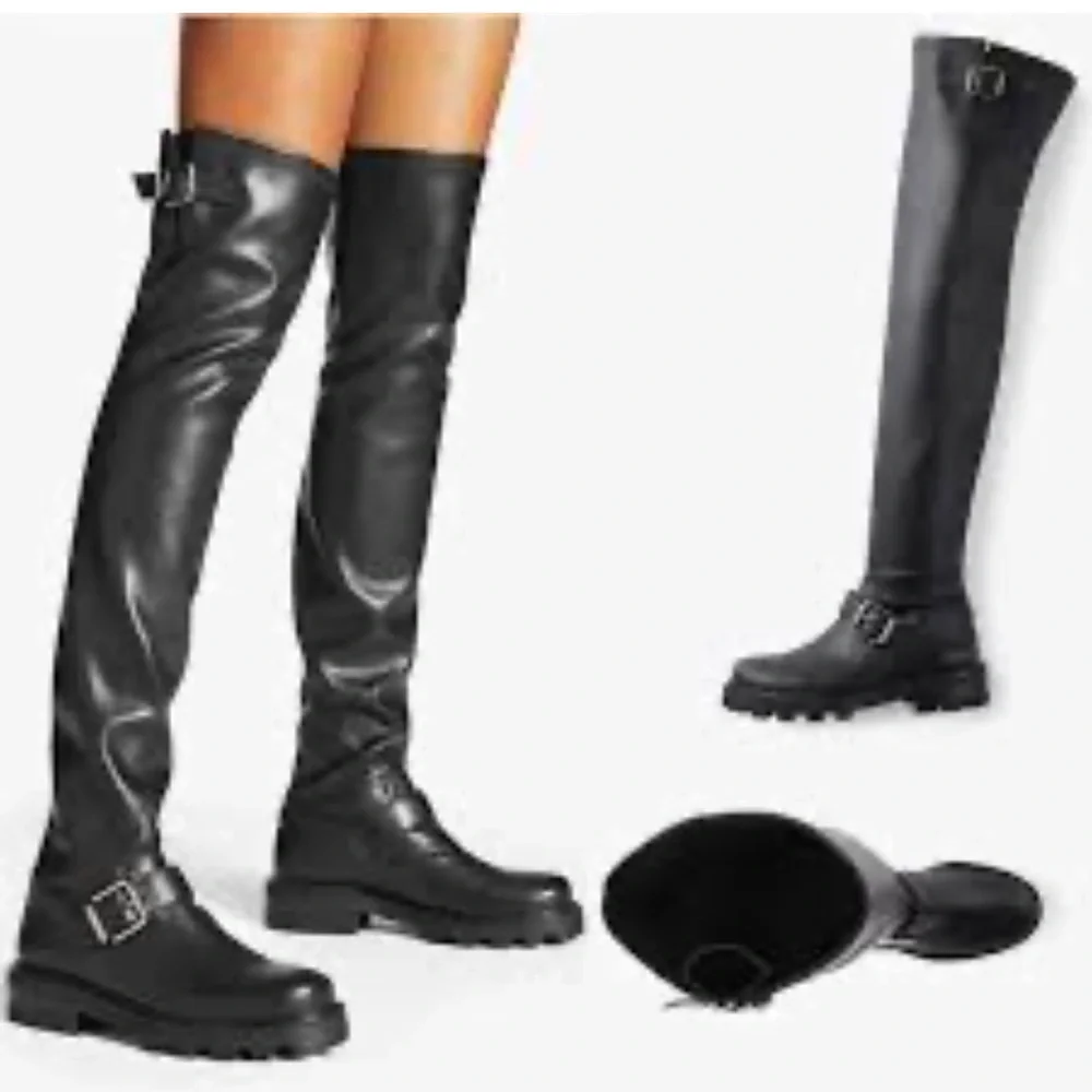 NEW Nine West Nans Black biker lug sole over the knee buckle boot women size 6